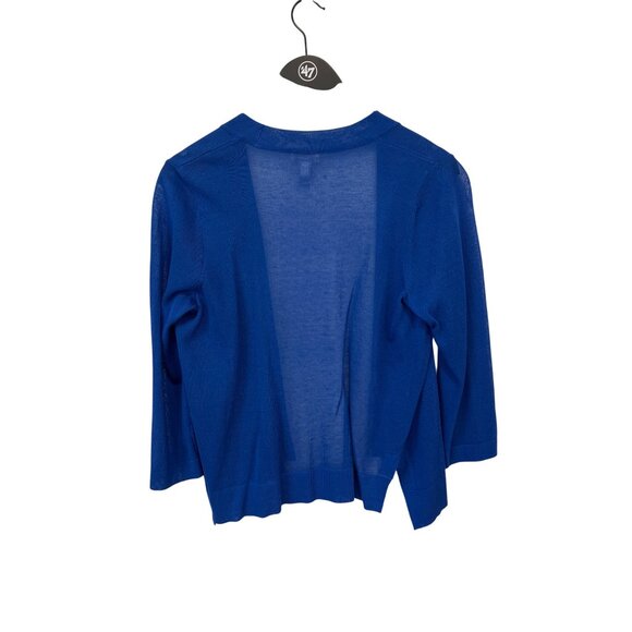 Chicos Open Front Cardigan Sweater Size 0 XS Royal Blue Quarter Sleeve Knit - Picture 2 of 6